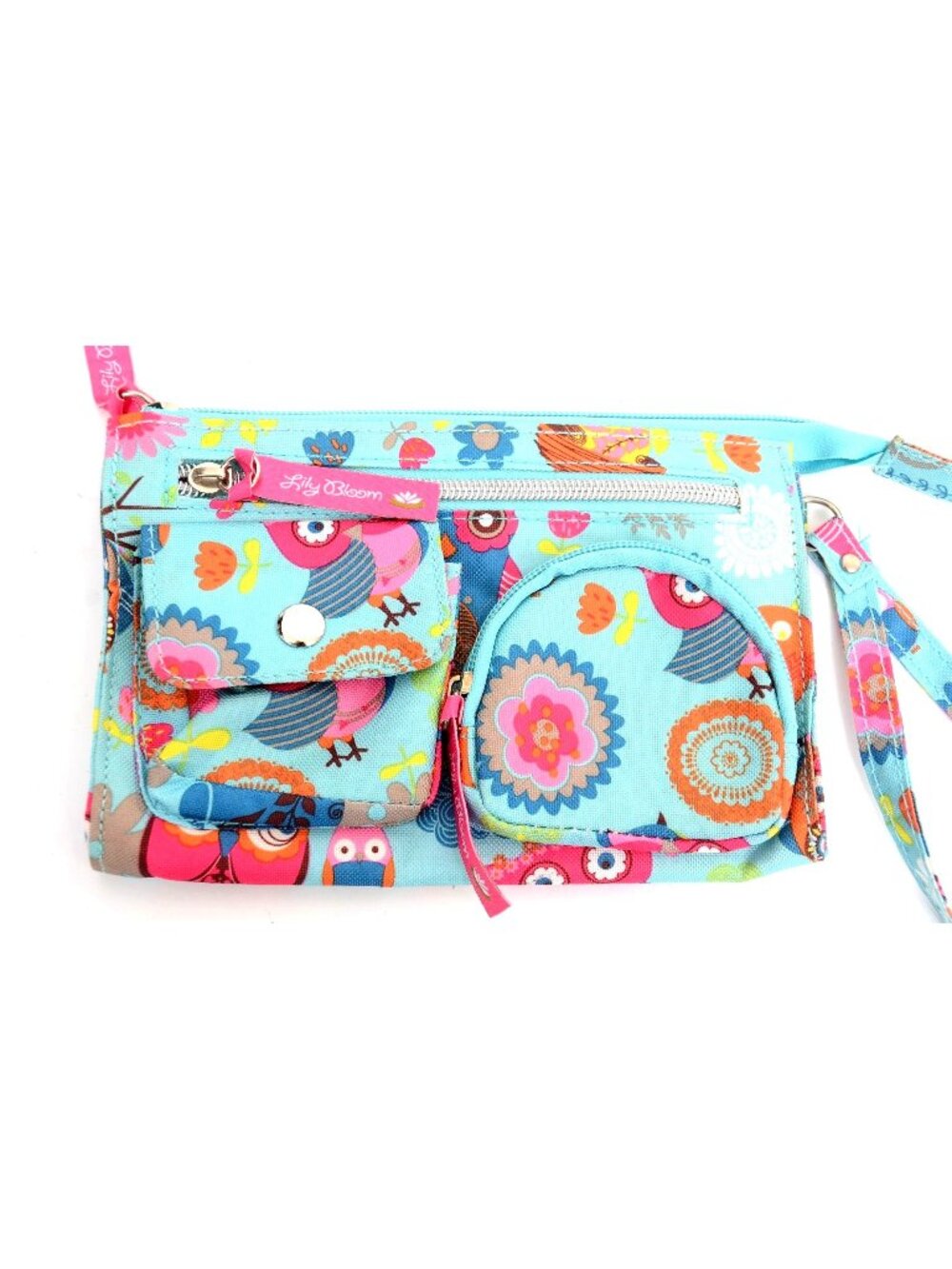Lily Bloom Colorful Owls Floral Wristlet Clutch Wallet Purse Cell Phone Case Pin